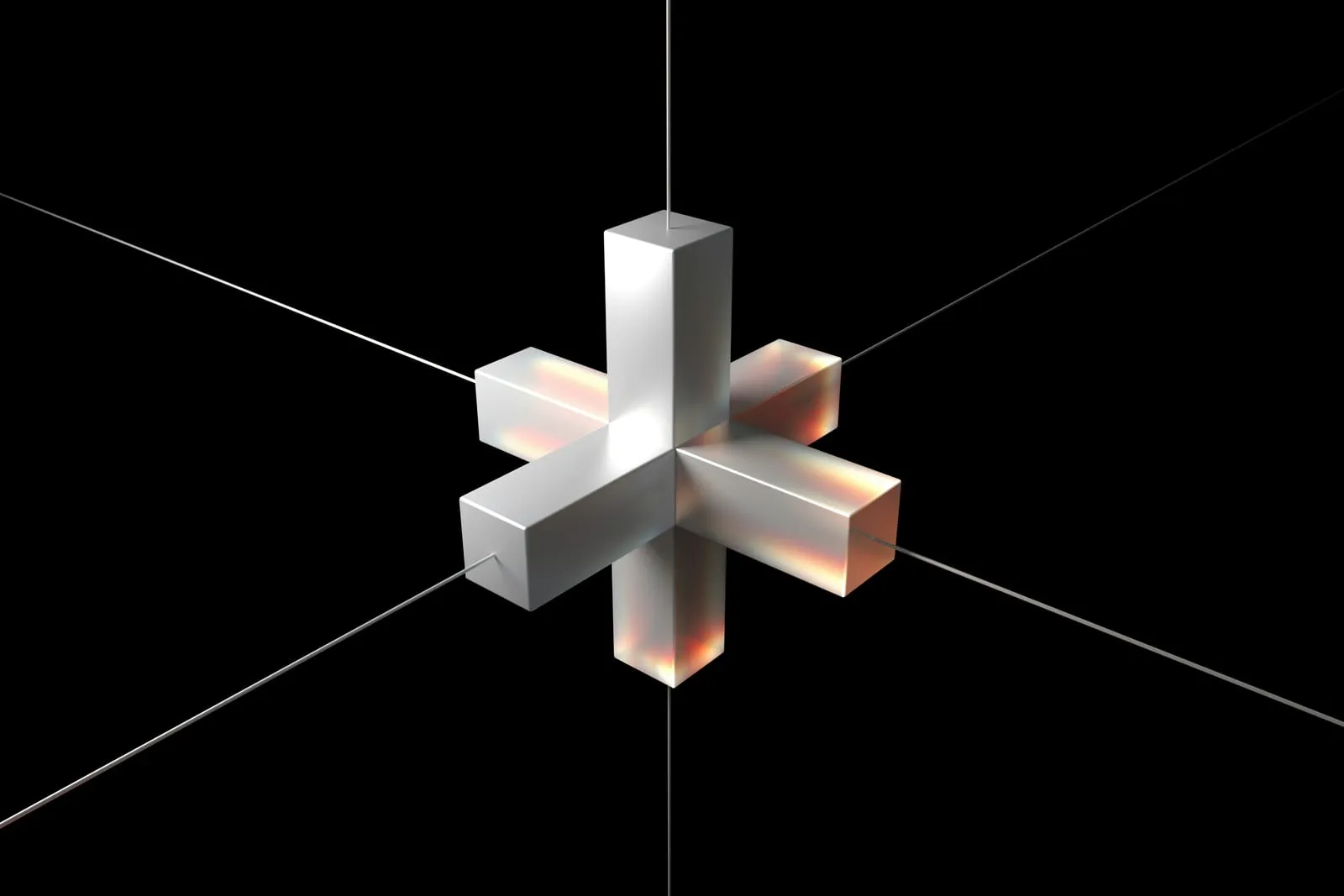 A metallic 3D cross suspended on thin wires against a black background